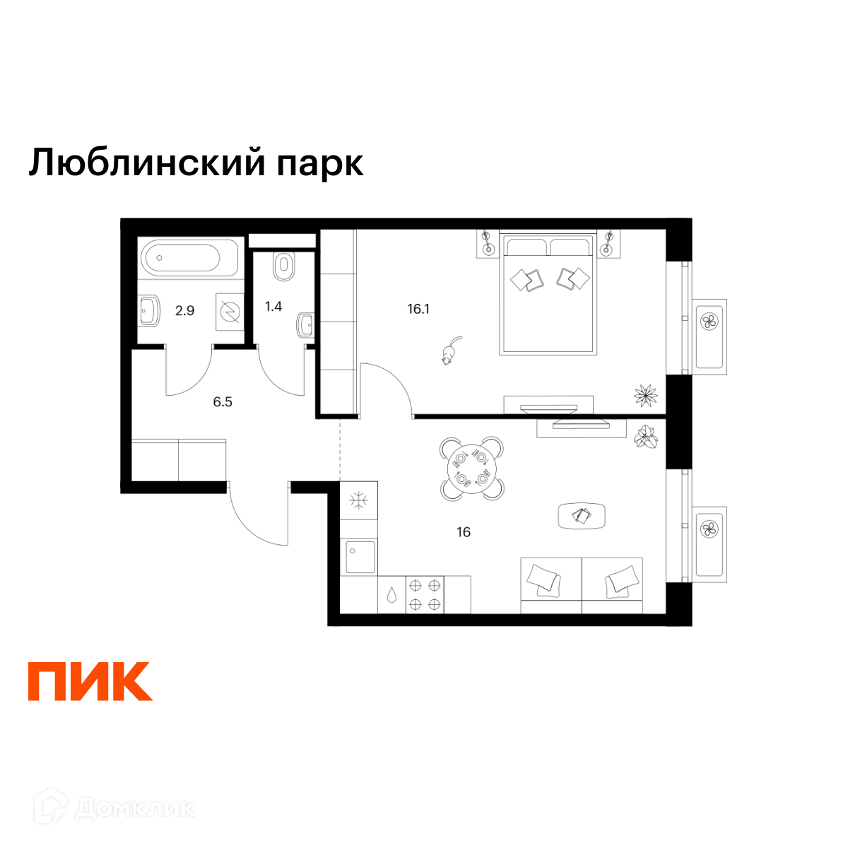 Планировка 1-комн. в ЖК «Люблинский парк»