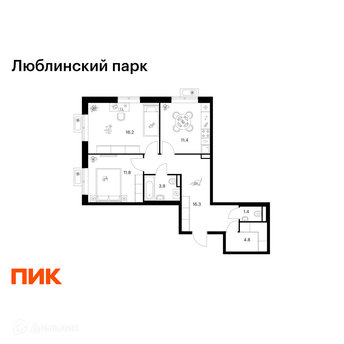 Планировка 2-комн. в ЖК «Люблинский парк»