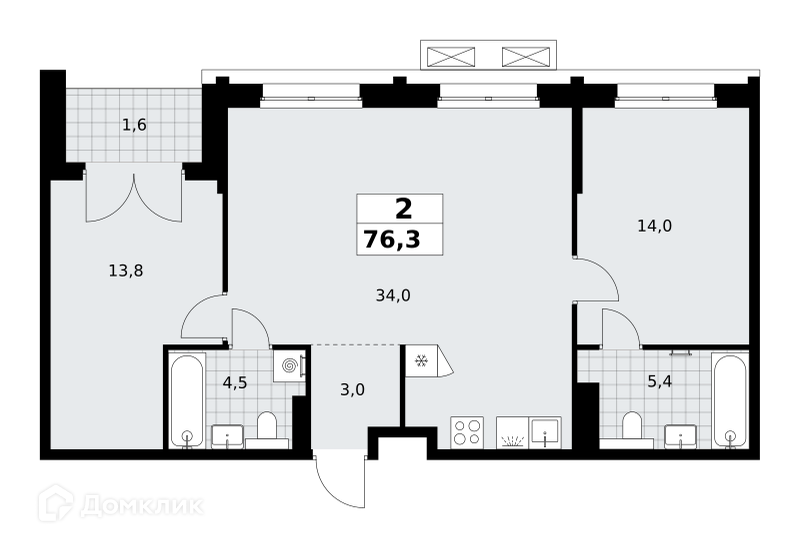 Планировка 2-комн. в ЖК «Хольм. Эйк»