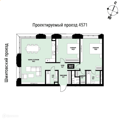 Планировка 2-комн. в ЖК «Шелепиха»