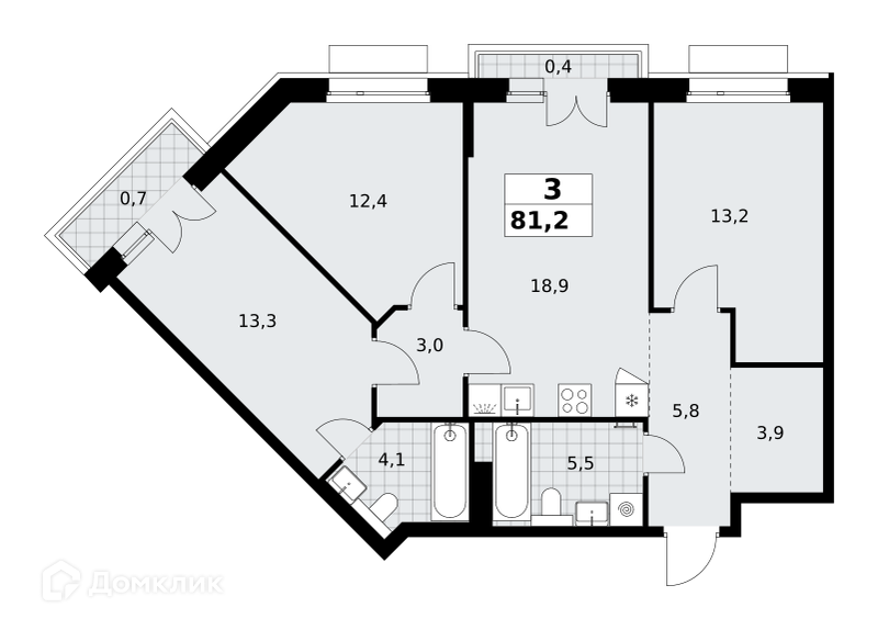 Планировка 3-комн. в ЖК «Хольм. Эйк»
