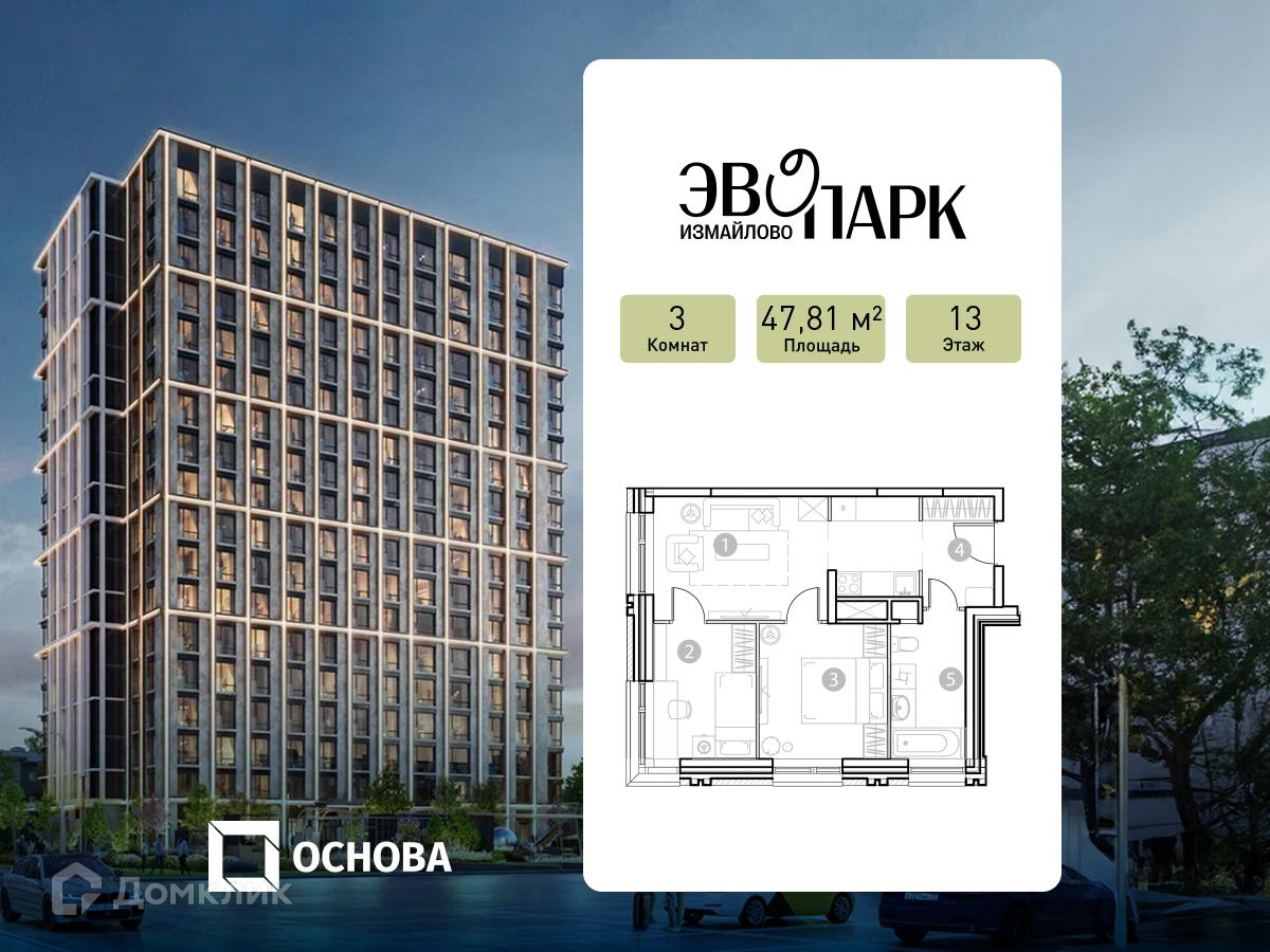Планировка 3-комн. в ЖК «ЭВОПАРК Измайлово»