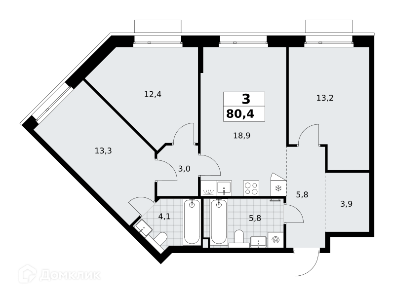 Планировка 3-комн. в ЖК «Хольм. Эйк»