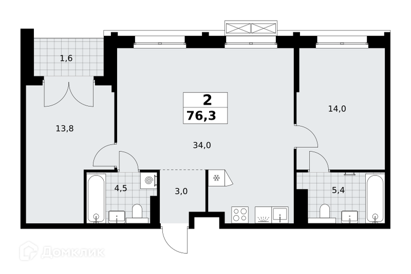 Планировка 2-комн. в ЖК «Хольм. Эйк»