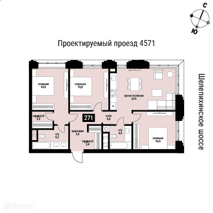 Планировка 3-комн. в ЖК «Шелепиха»