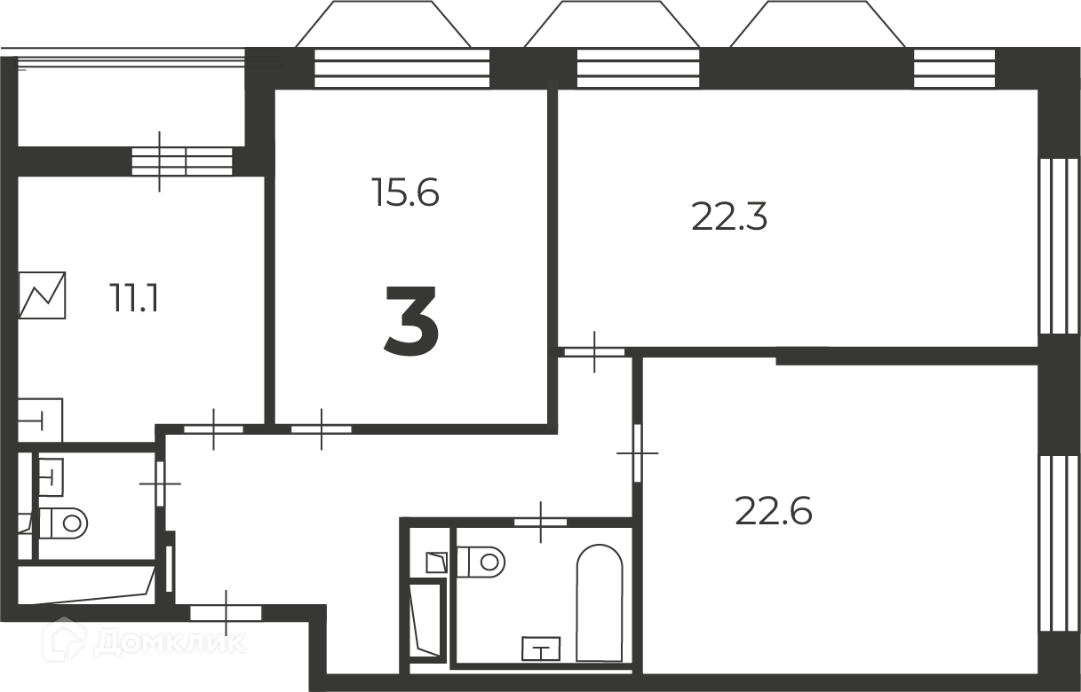 Планировка 3-комн. в ЖК «Чоботовская, 2А (Московские кварталы)»