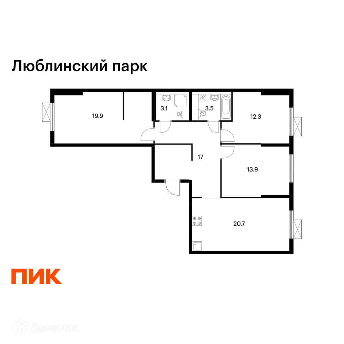 Планировка 3-комн. в ЖК «Люблинский парк»