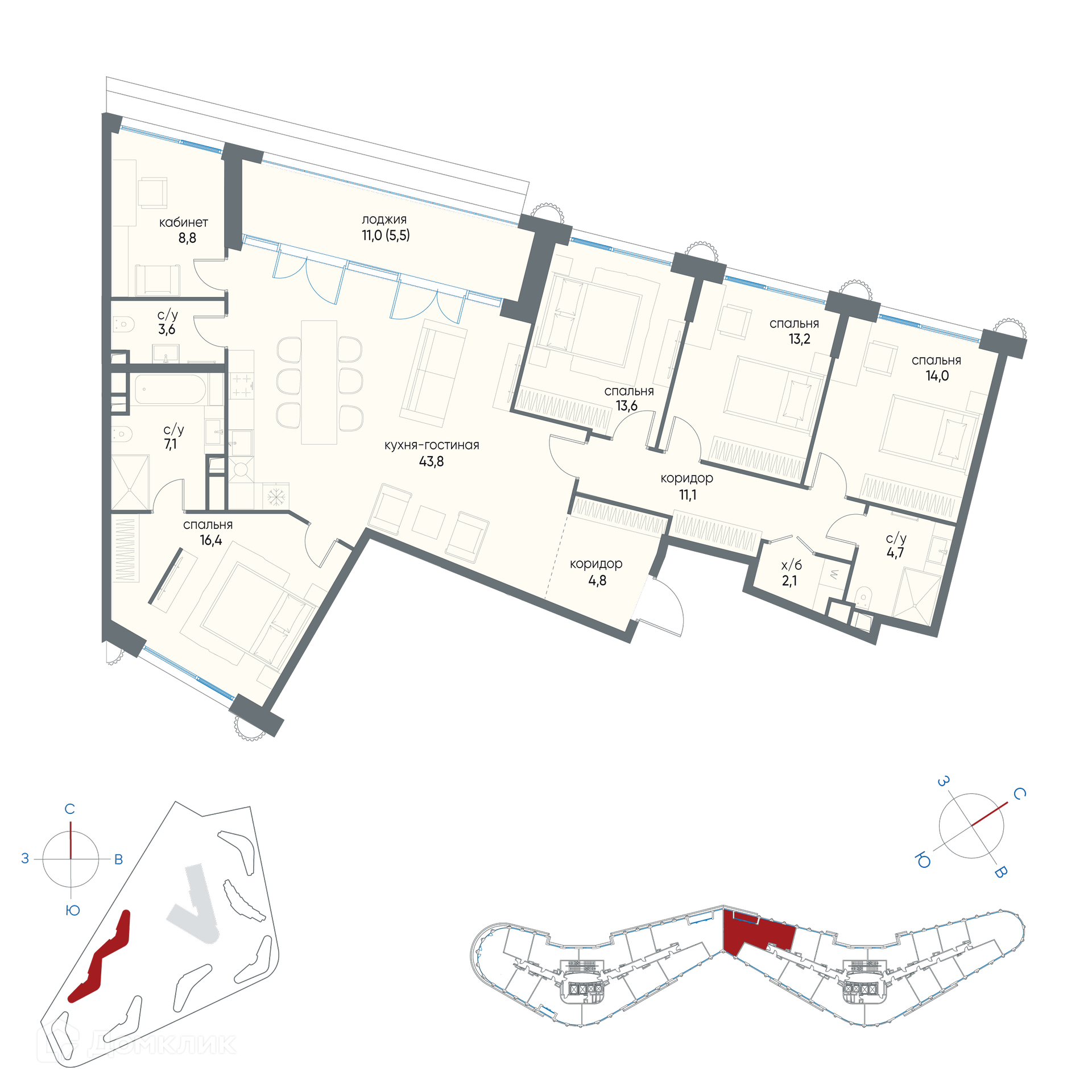 Планировка 3-комн. в ЖК «Остров»