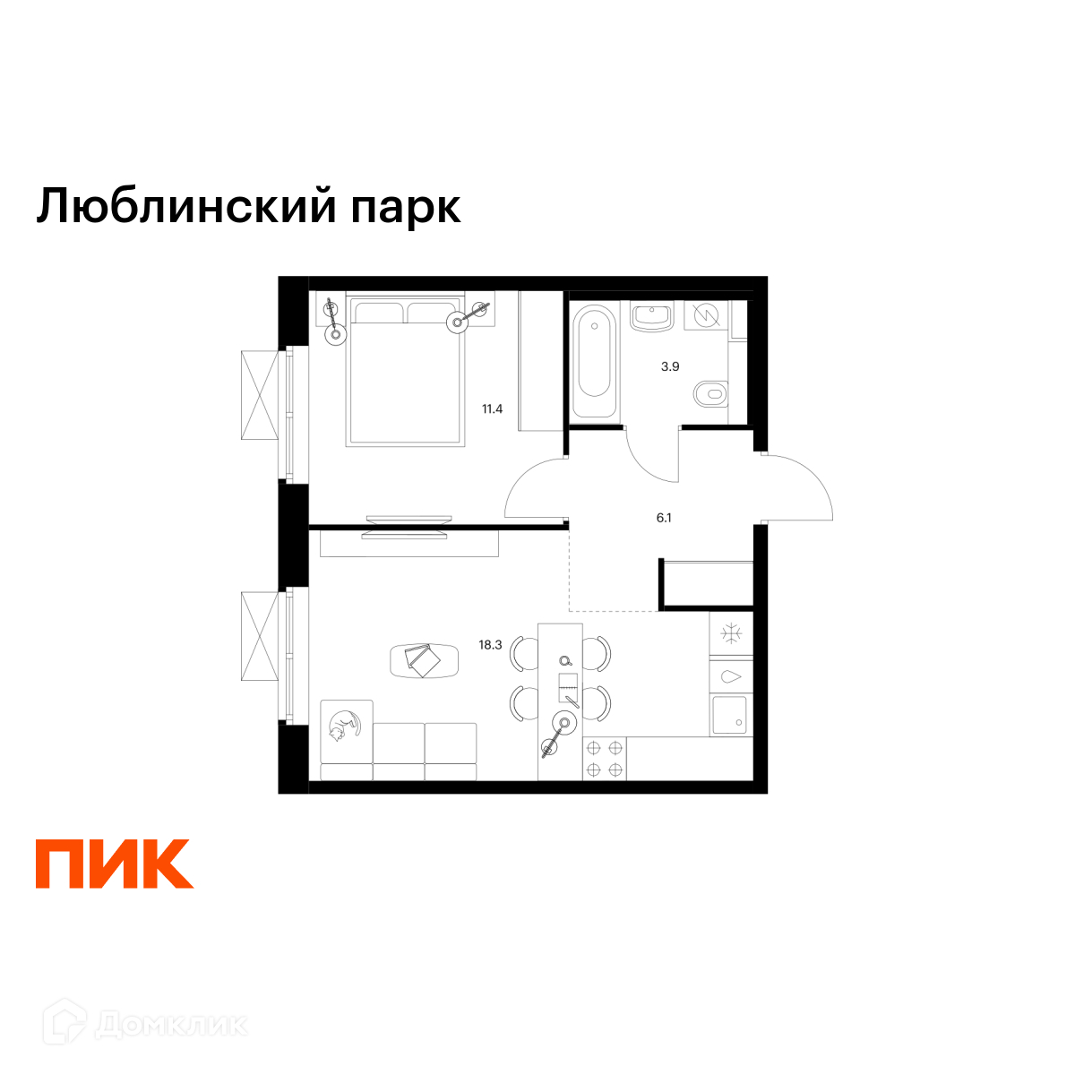 Планировка 1-комн. в ЖК «Люблинский парк»