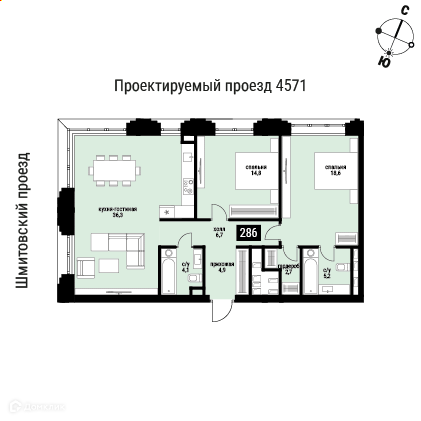 Планировка 2-комн. в ЖК «Шелепиха»