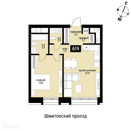 Планировка 1-комн. в ЖК «Шелепиха»