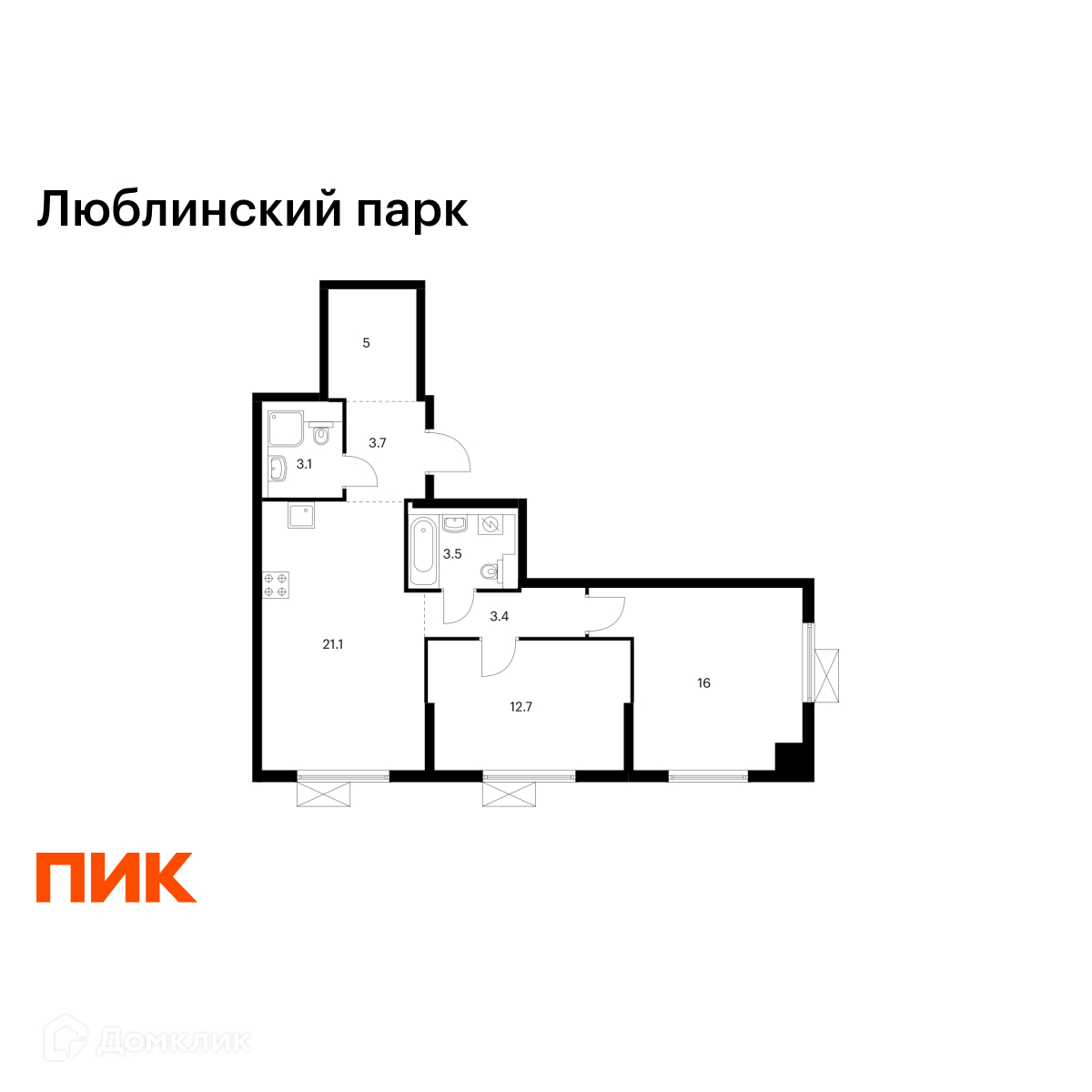 Планировка 2-комн. в ЖК «Люблинский парк»