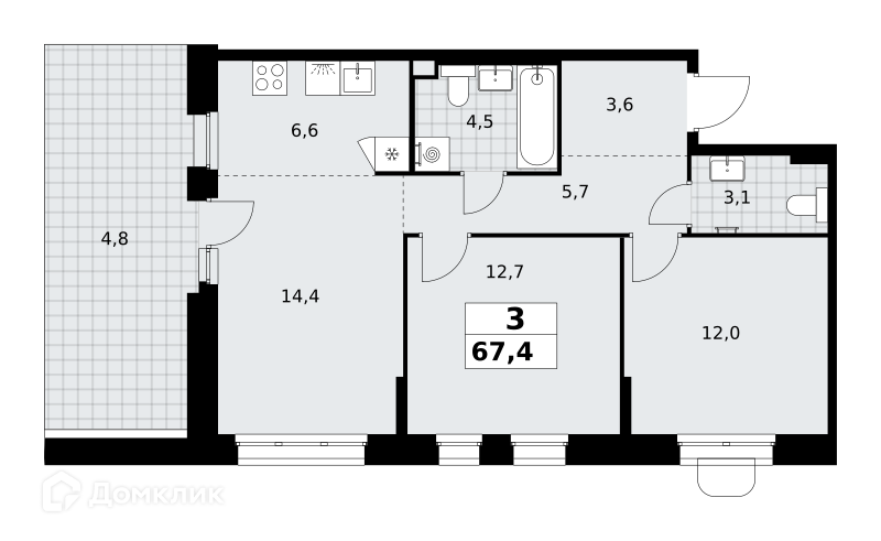 Планировка 3-комн. в ЖК «Прокшино»