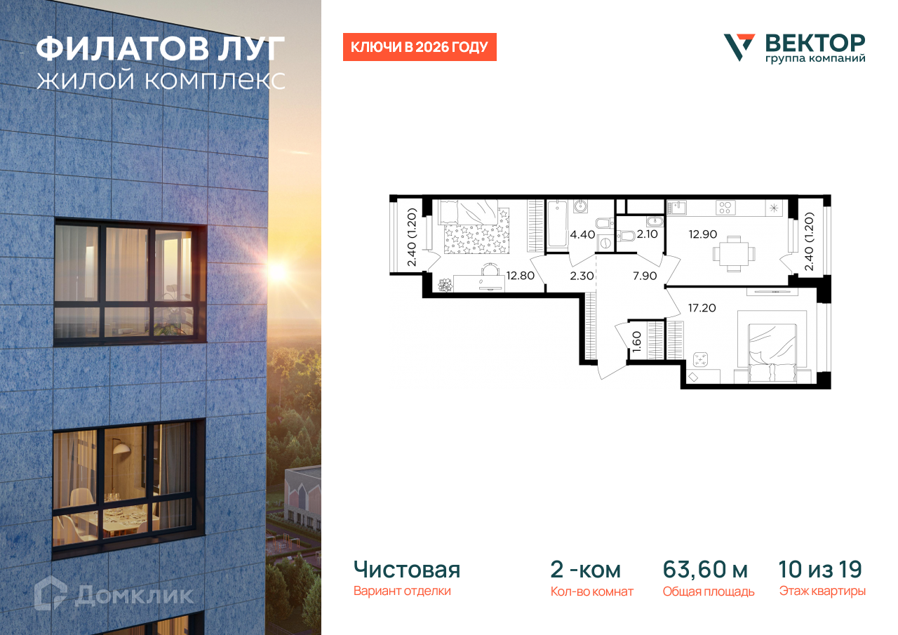 Планировка 2-комн. в ЖК «Филатов Луг»