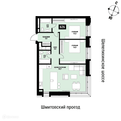 Планировка 2-комн. в ЖК «Шелепиха»
