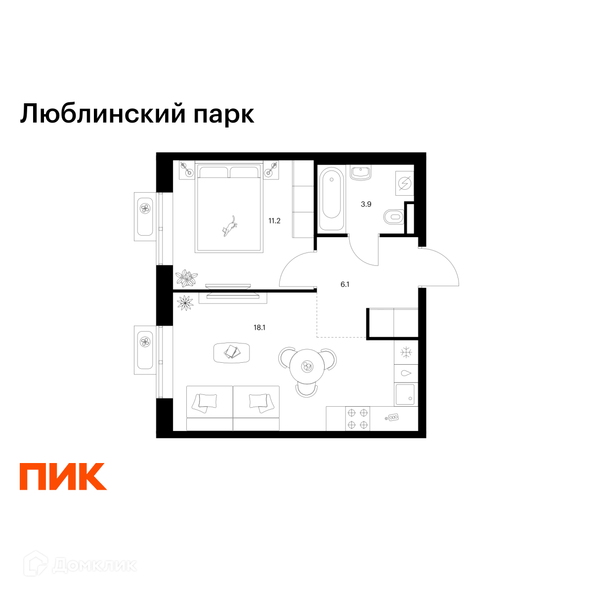Планировка 1-комн. в ЖК «Люблинский парк»