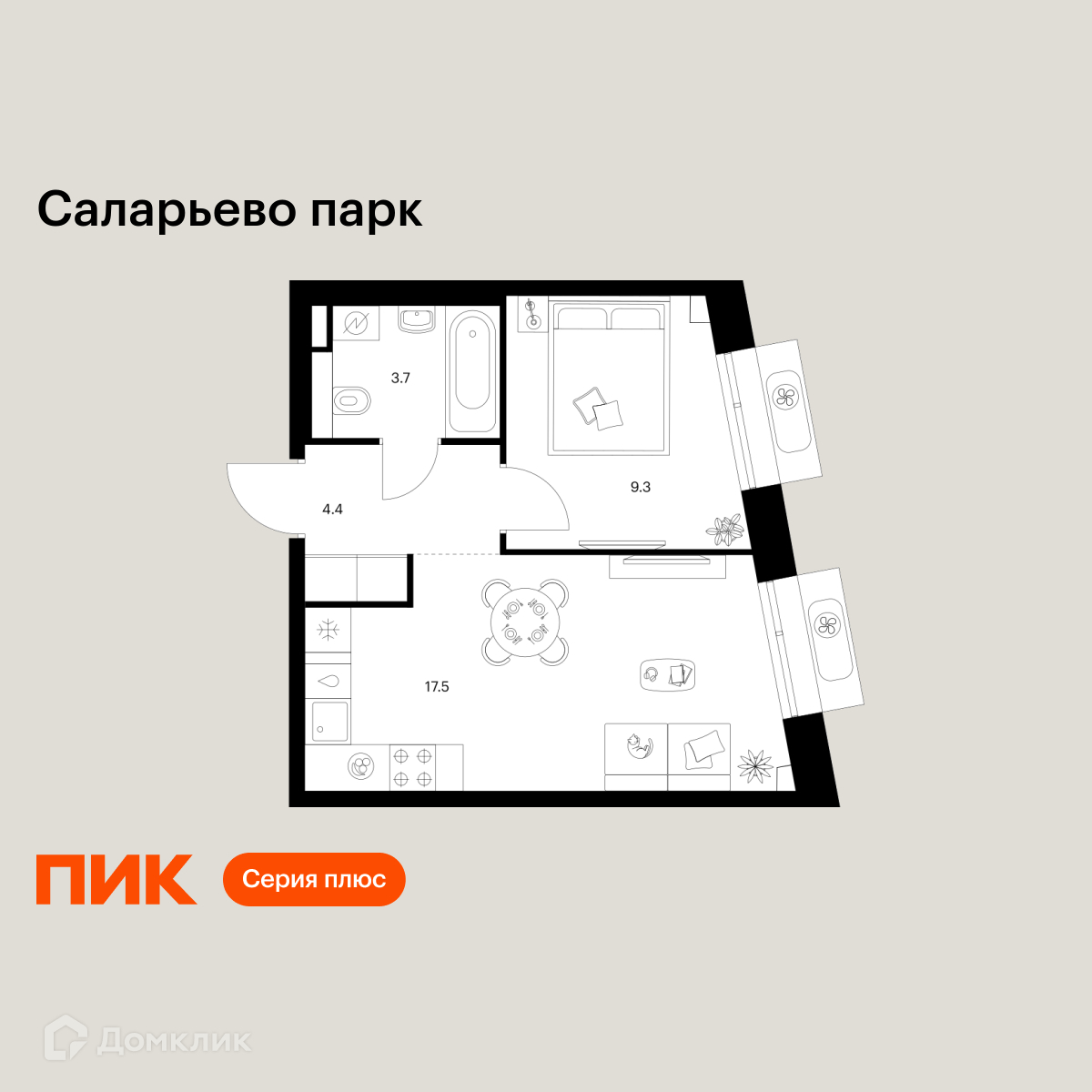 Планировка 1-комн. в ЖК «Саларьево парк»