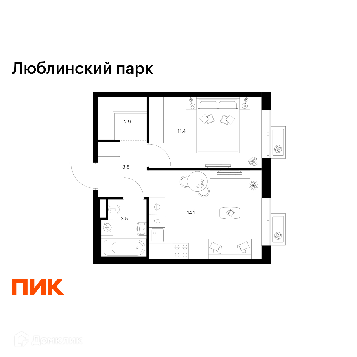 Планировка 1-комн. в ЖК «Люблинский парк»