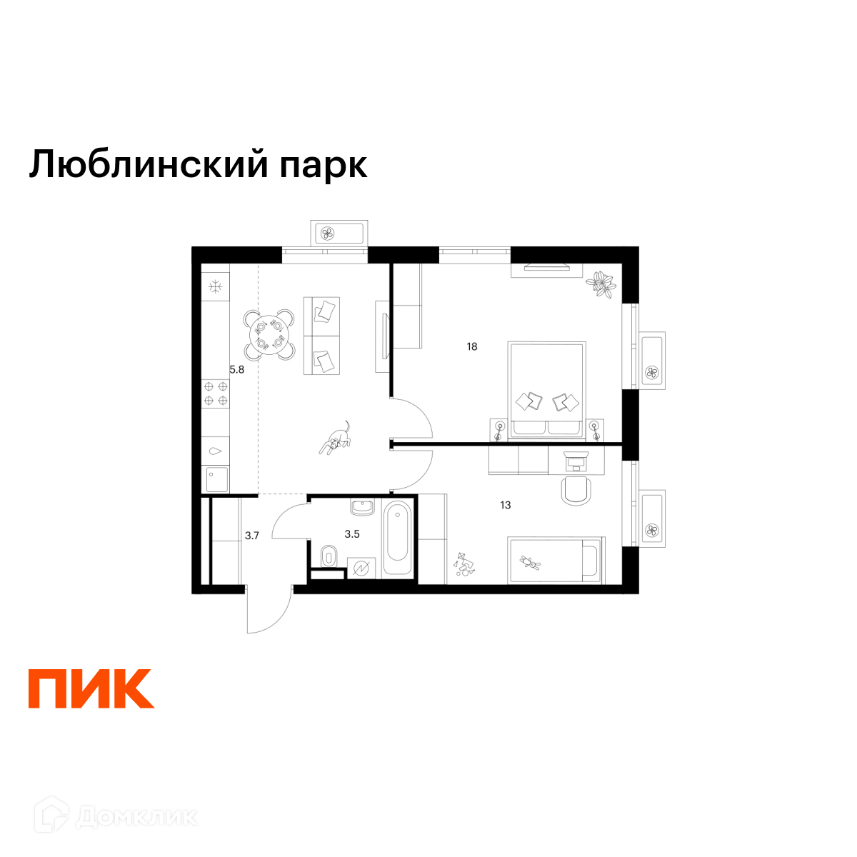 Планировка 2-комн. в ЖК «Люблинский парк»