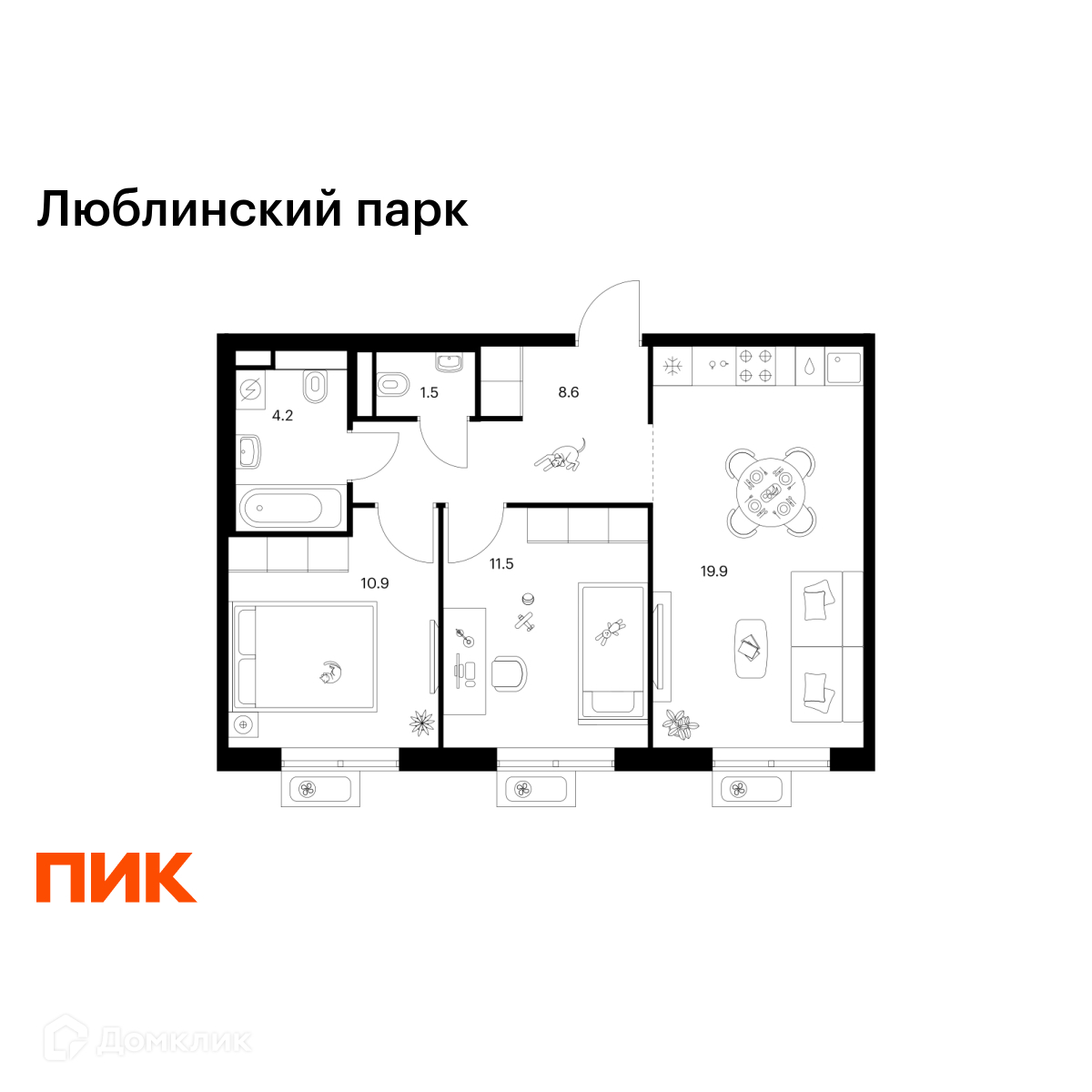 Планировка 2-комн. в ЖК «Люблинский парк»