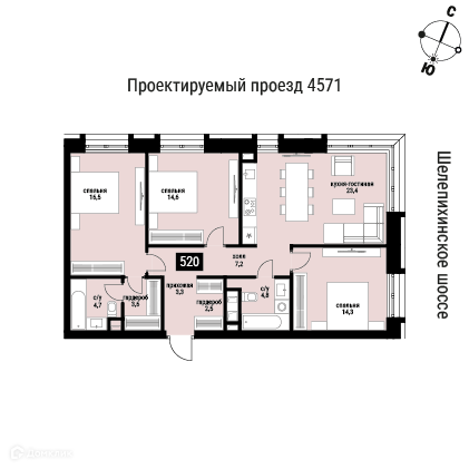 Планировка 3-комн. в ЖК «Шелепиха»