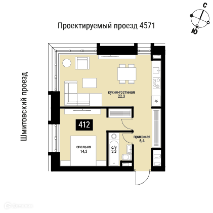 Планировка 1-комн. в ЖК «Шелепиха»