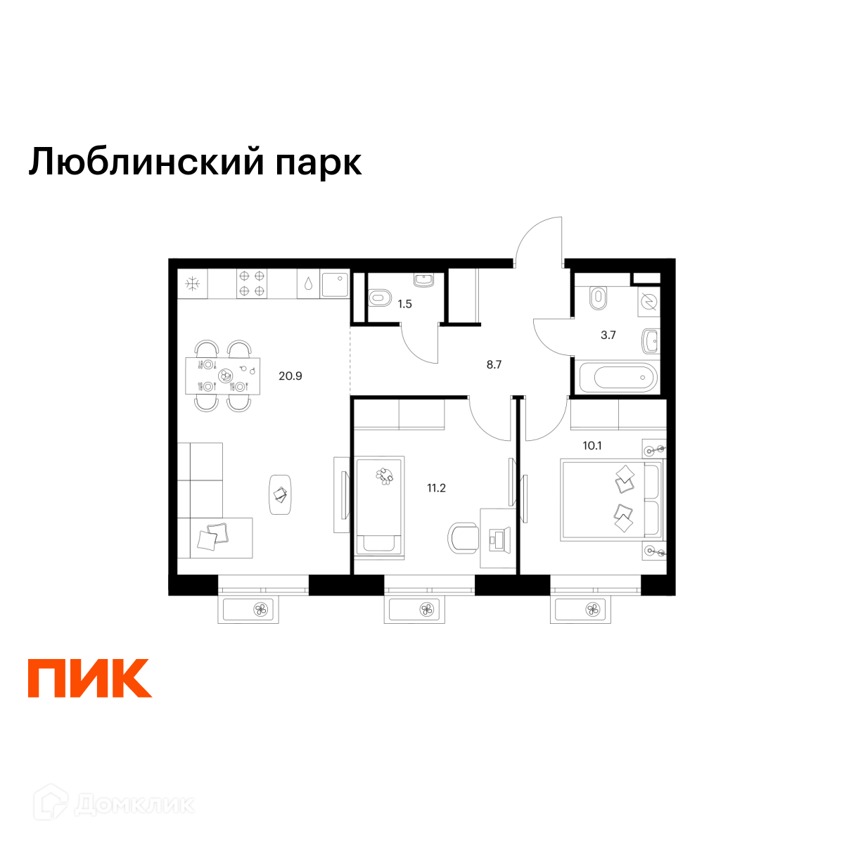 Планировка 2-комн. в ЖК «Люблинский парк»