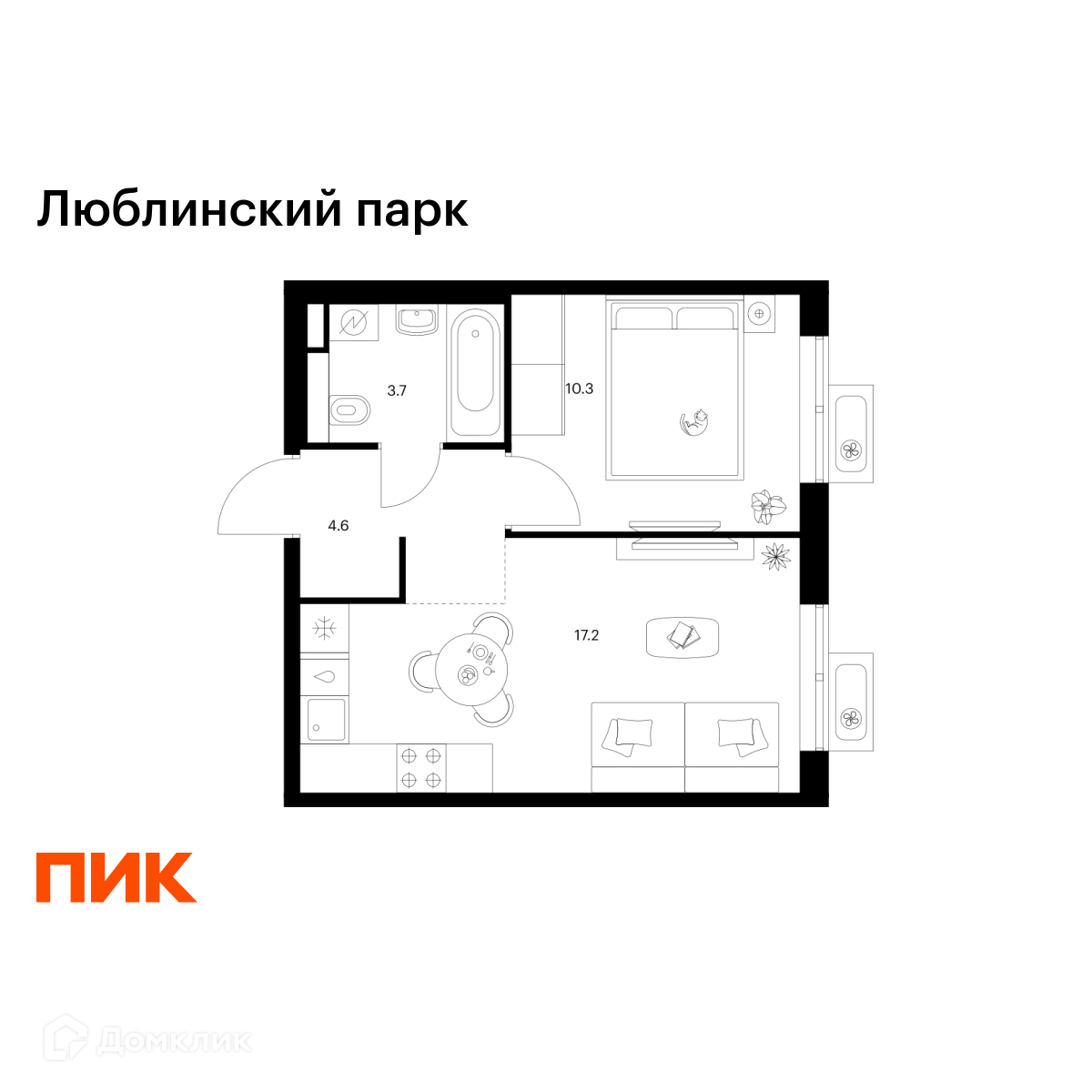 Планировка 1-комн. в ЖК «Люблинский парк»
