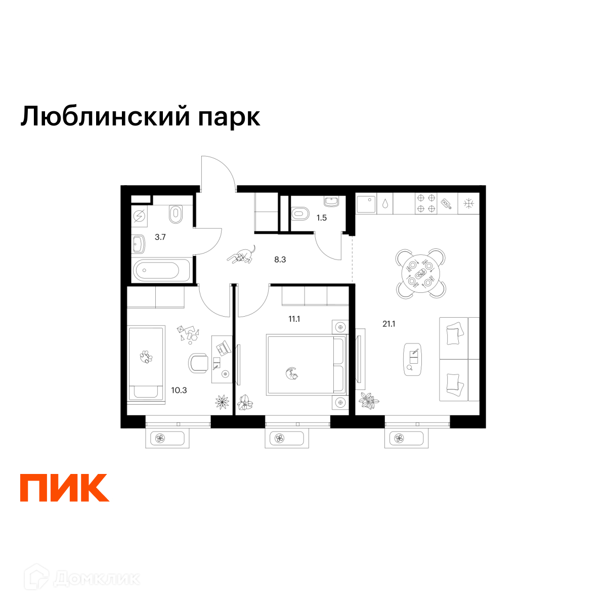 Планировка 2-комн. в ЖК «Люблинский парк»