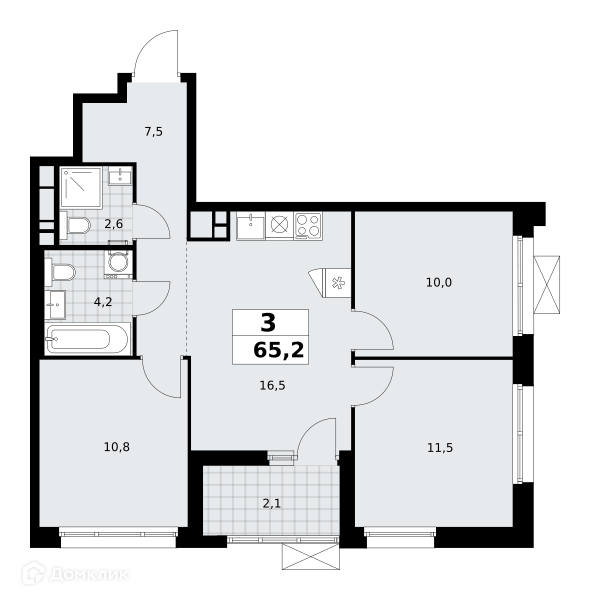 Планировка 3-комн. в ЖК «Прокшино»