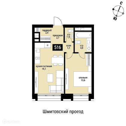 Планировка 1-комн. в ЖК «Шелепиха»