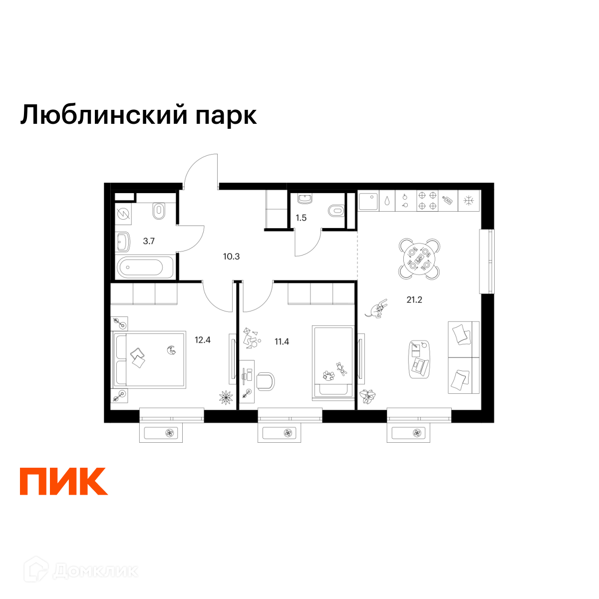 Планировка 2-комн. в ЖК «Люблинский парк»