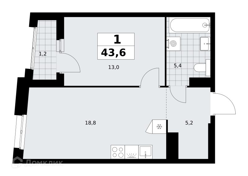 Планировка 1-комн. в ЖК «Прокшино»
