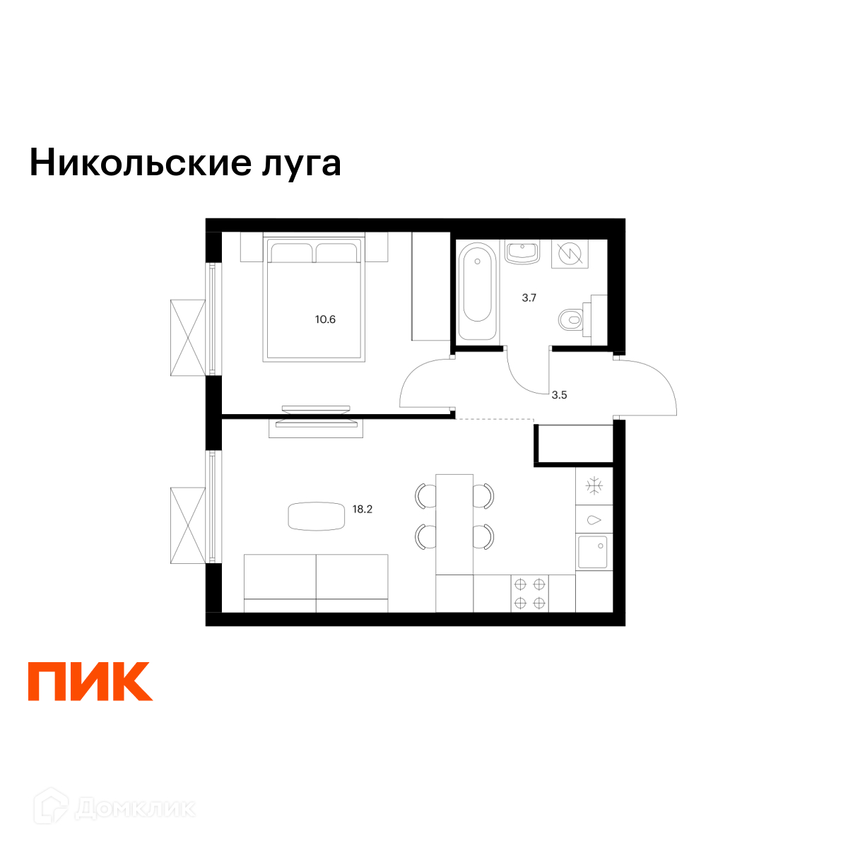 Планировка 1-комн. в ЖК «Никольские луга»