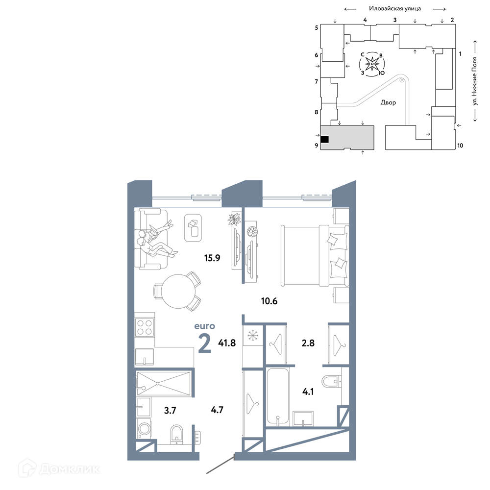 Планировка 2-комн. в ЖК «Страна.Заречная»