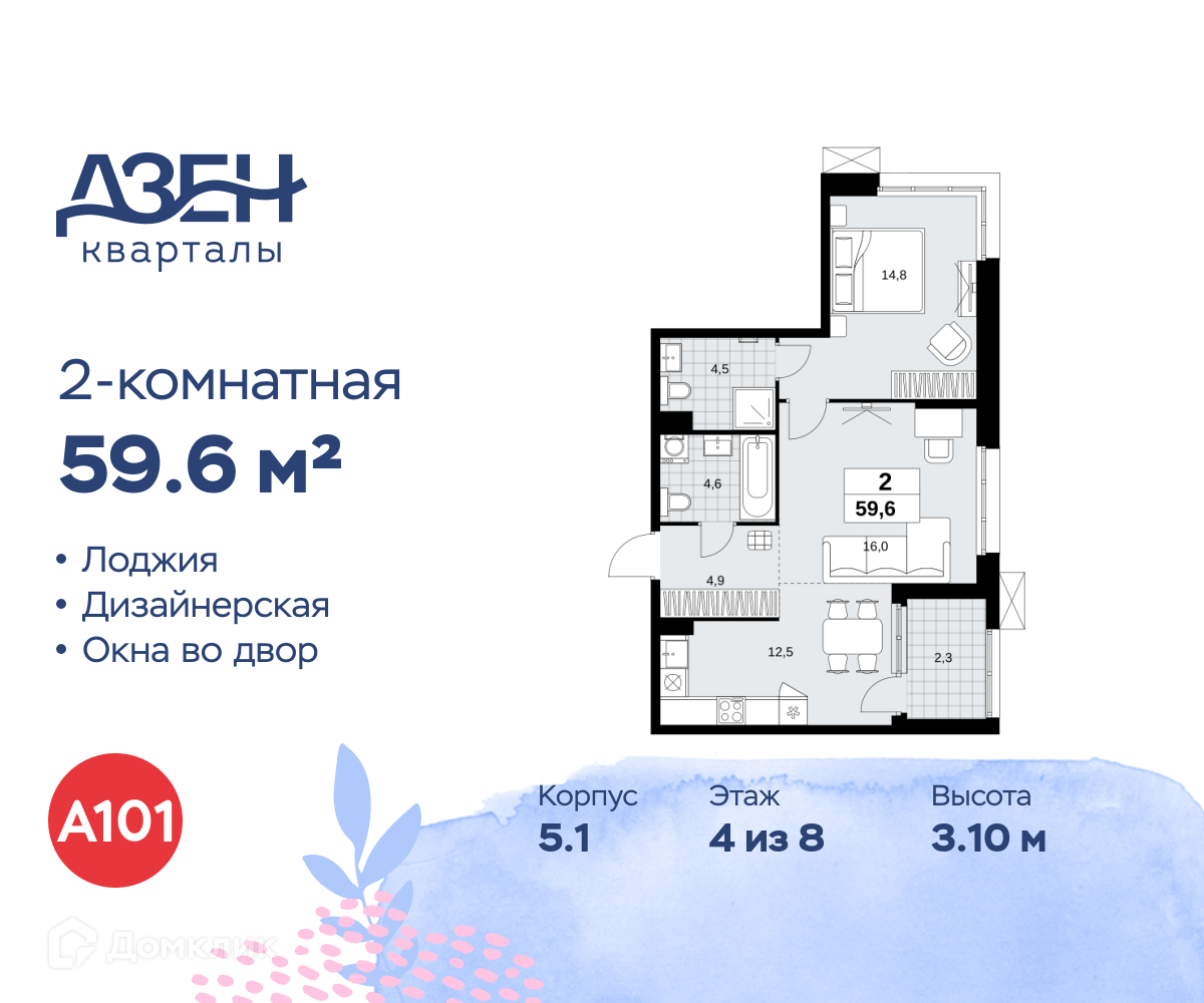 Планировка 2-комн. в ЖК «Дзен-кварталы»