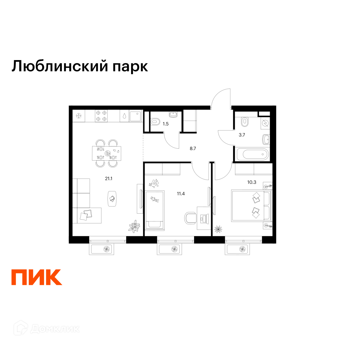 Планировка 2-комн. в ЖК «Люблинский парк»