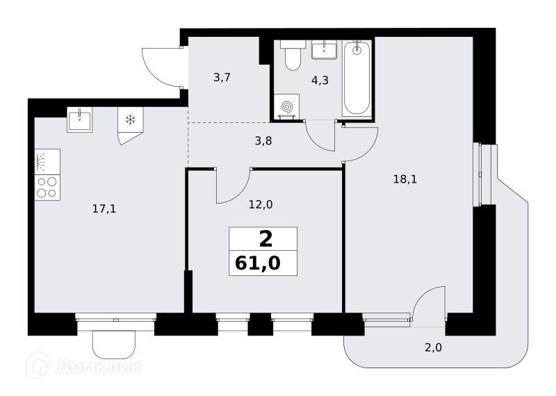 Планировка 2-комн. в ЖК «Прокшино»