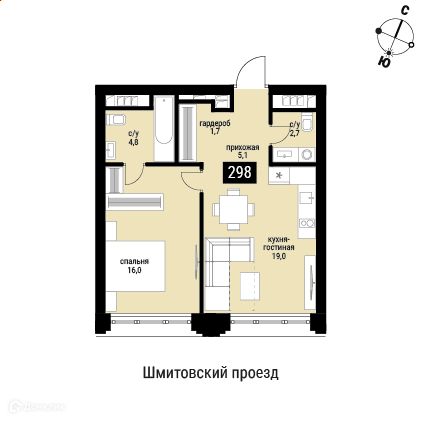 Планировка 1-комн. в ЖК «Шелепиха»