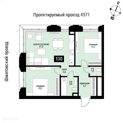 Планировка 2-комн. в ЖК «Шелепиха»