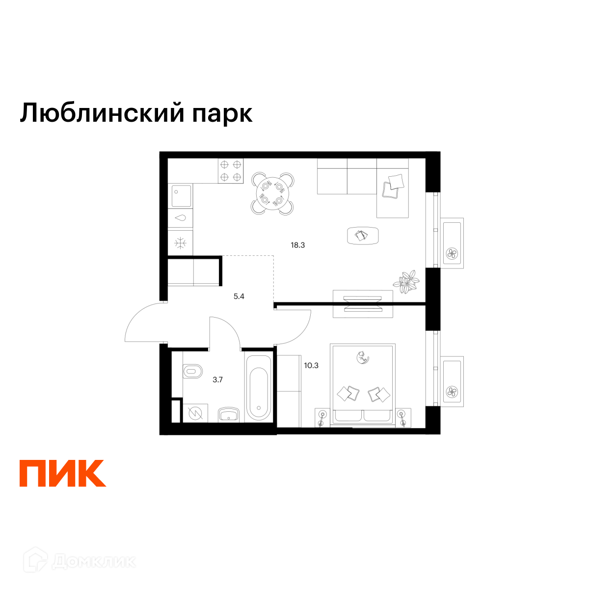 Планировка 1-комн. в ЖК «Люблинский парк»