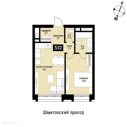 Планировка 1-комн. в ЖК «Шелепиха»