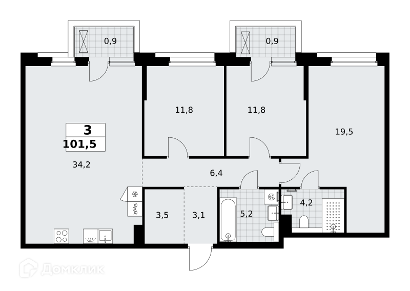 Планировка 3-комн. в ЖК «Хольм. Эйк»