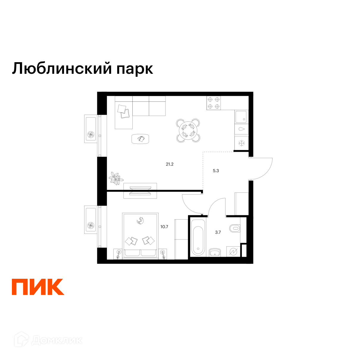 Планировка 1-комн. в ЖК «Люблинский парк»
