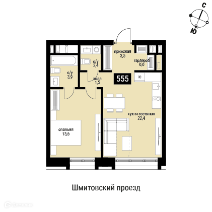 Планировка 1-комн. в ЖК «Шелепиха»