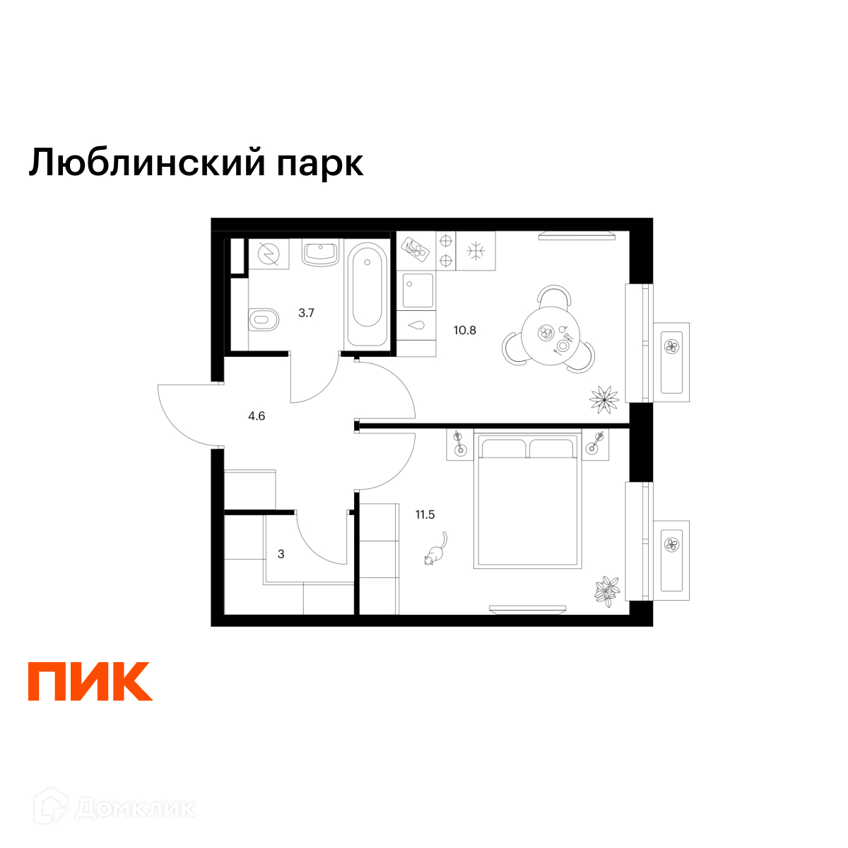 Планировка 1-комн. в ЖК «Люблинский парк»