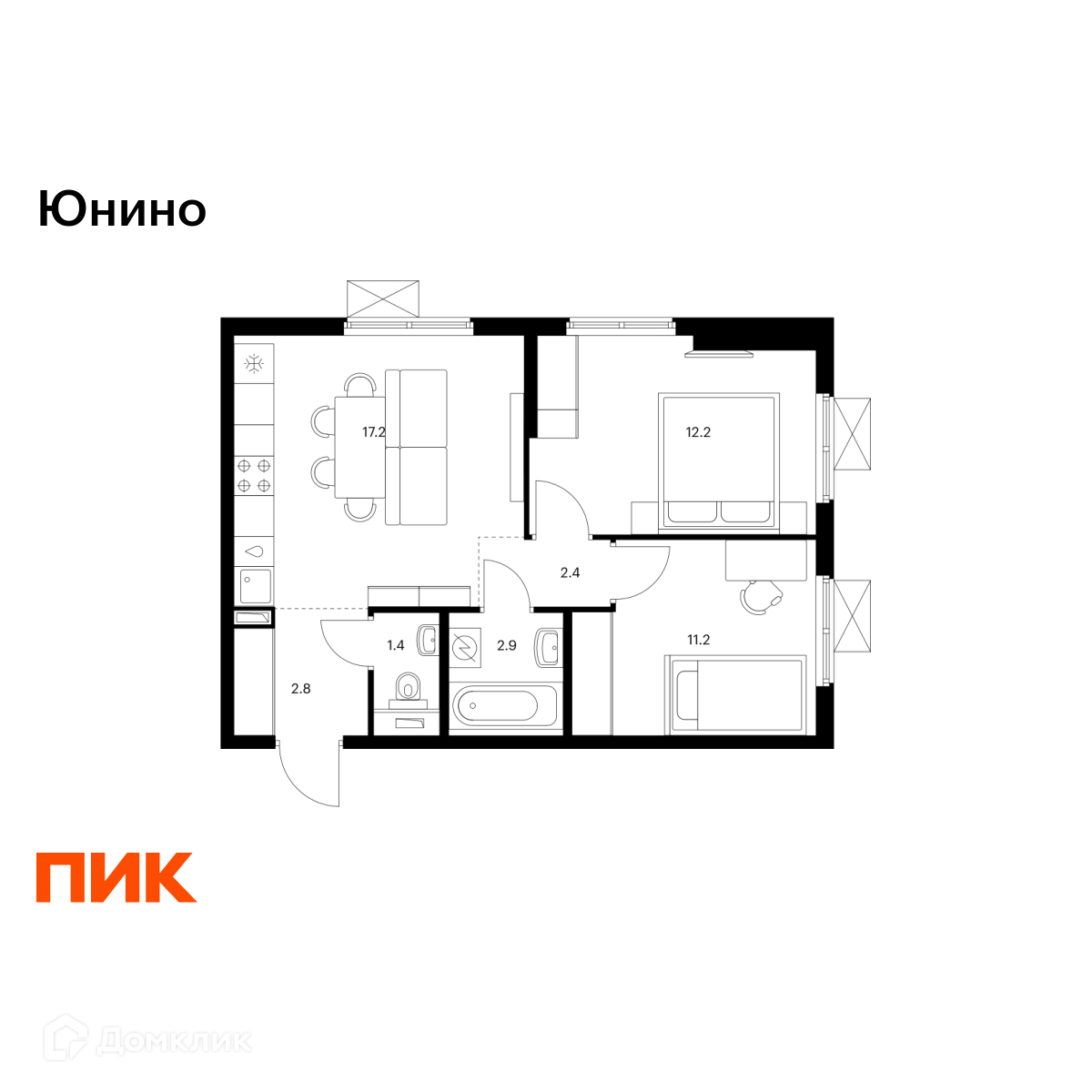 Планировка 2-комн. в ЖК «Юнино»