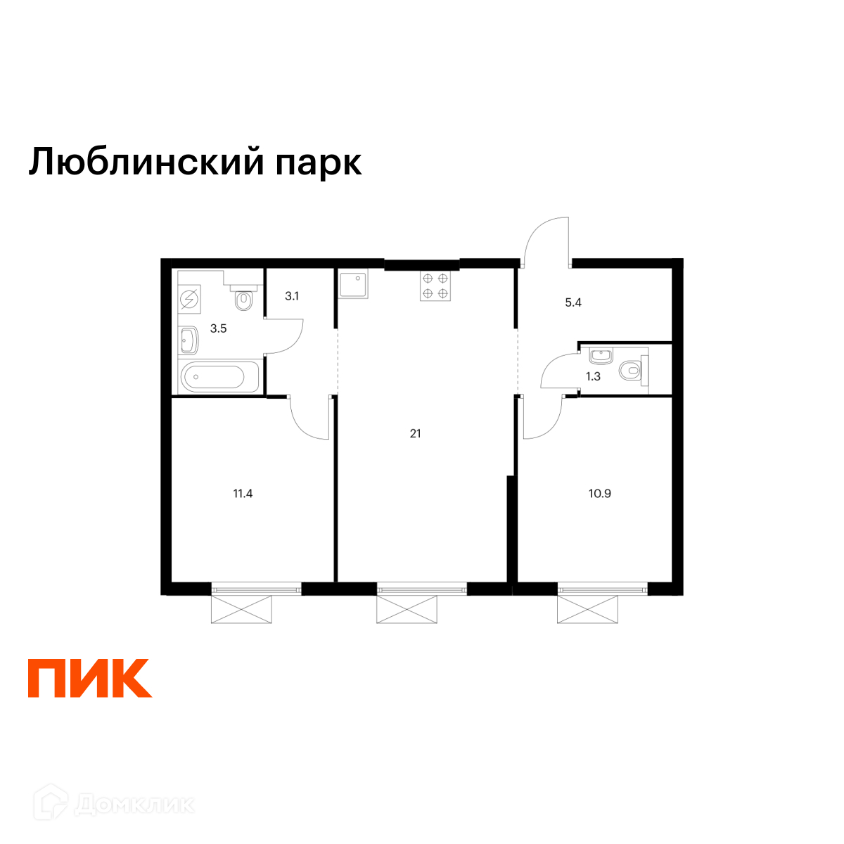 Планировка 2-комн. в ЖК «Люблинский парк»