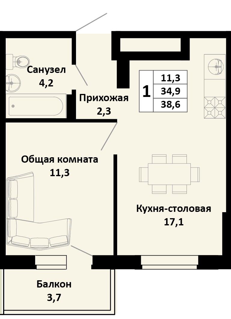 Планировка 1-комн. в ЖК «Южные соседи»