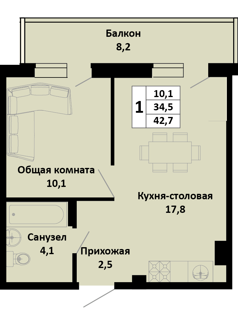 Планировка 1-комн. в ЖК «Южные соседи»